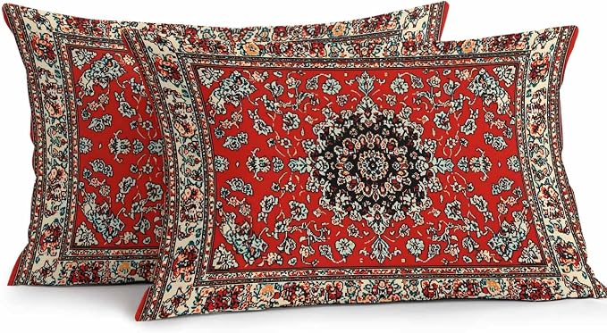 Vandarllin Outdoor Throw Pillows Covers 20x12 inch Set of 2 Waterproof Red Bohemian Decorative Zippered Cushion Covers for Patio Furniture, Boho Tribe Texture Lumbar Pillowcases