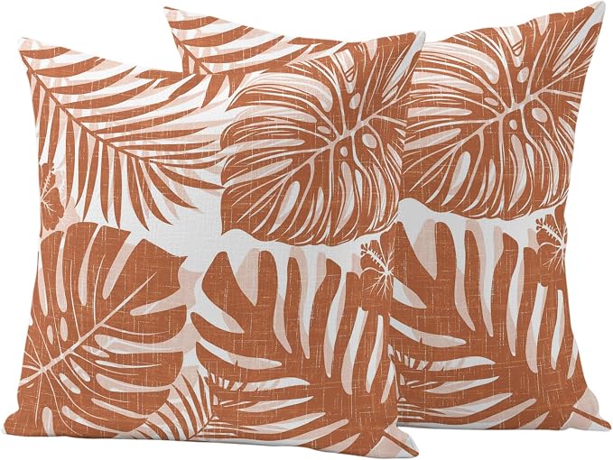 Burnt Orange Palm Leaves Outdoor Pillow Covers 26"x26" Set of 2, Tropical Botanical Minimalist Modern Waterproof Throw Pillow Covers for Patio Furniture, Decorative Cushion Covers for Porch