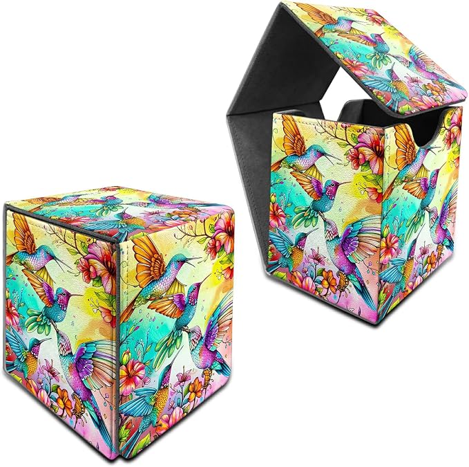 Deck Box for MTG, Cards Storage Box Fits 120+ Sleeved, Leather Medium Size Strong Magnetic Closing Card Case for Board Games Magic TCG CCG Baseball Collection, Four Birds Flowers