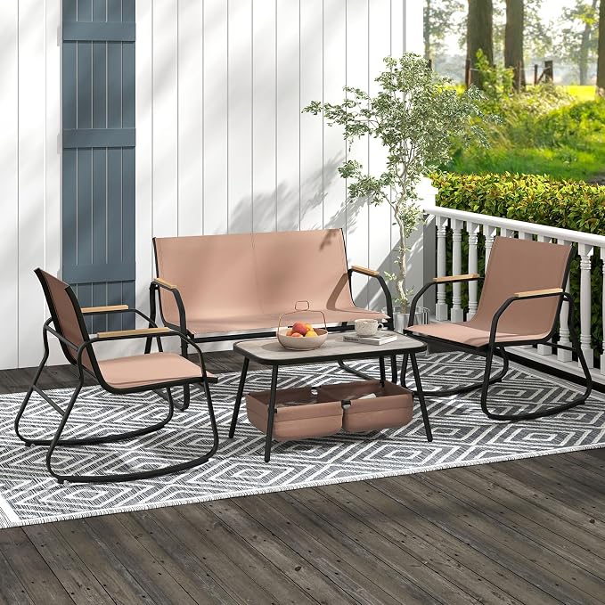 Tangkula 4 Pieces Patio Furniture Set with 2 Rocking Bistro Chairs, Outdoor Conversation Set with 2-Tier Coffee Table and Breathable Fabric Chairs for Porch, Garden, Lawn and Backyard (Brown)