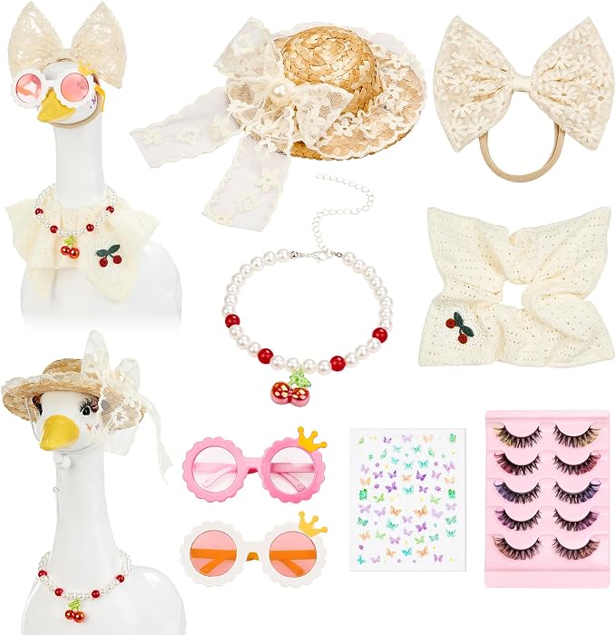 Porch Goose Statue 8pc Accessory Combination Set, White Lace Goose Accessories Kit with Glasses Bow Hat Necklace Stickers for 23 Inch Goose, Elegant Girl Style Yard Decor (White Lace 8PC)