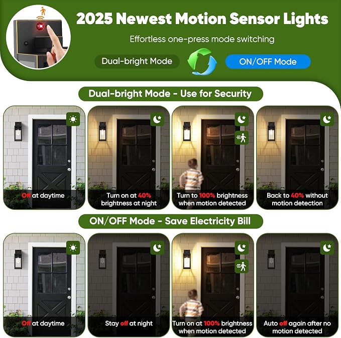 2-Pack 13” Upgraded Motion Sensor Outdoor Wall Lights, Bronze | Auto ON/OFF, 3 Lighting Modes, Waterproof, Rust-Resistant, Durable Metal & Clear Glass, Standard E26 Sockets, Easy to Install