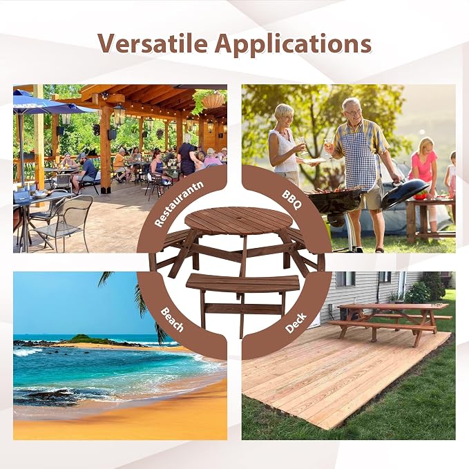 35.43'' Round Outdoor Dining Table Wooden Patio Dining Table & 3 Curved Built-in Bench for 6, 2" Umbrella Hole, Suitable for Backyard Garden Porch, Brown