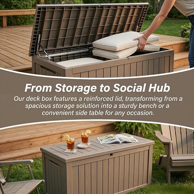 270 Gallon Extra Large Deck Box Outdoor, Resin Storage Box Outdoor Waterproof, Lockable Garden Storage Bench, Holds Patio Furniture, Pool Supplies & Equipment, Hydraulic Rod, UV-Proof, Gray Brown