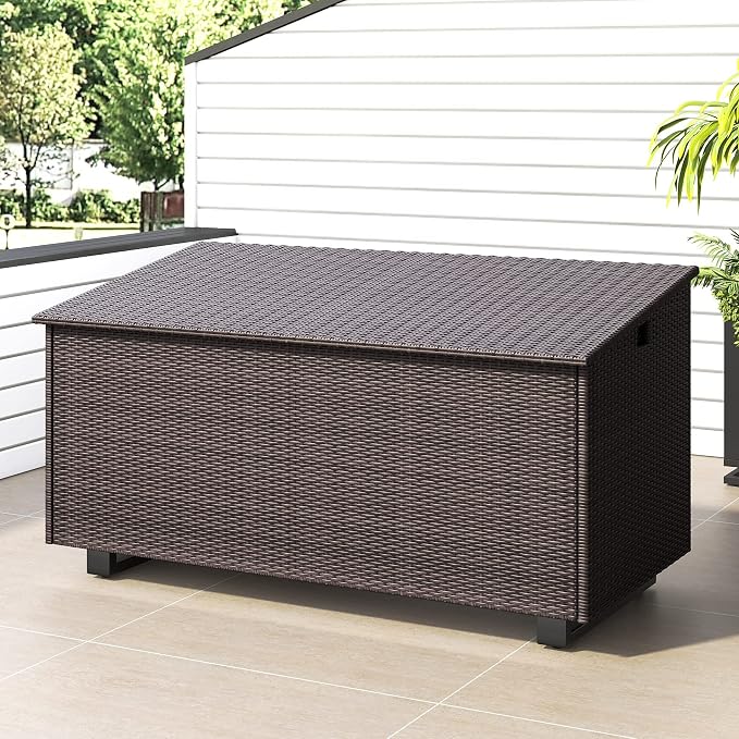Lepus Large Outdoor Waterfroof Deck Box, 210 Gallon Rattan Deck Storage Box with Built-in Waterproof Bag for Seat Cushion on Patio Garden, Poolside (210, Brown)