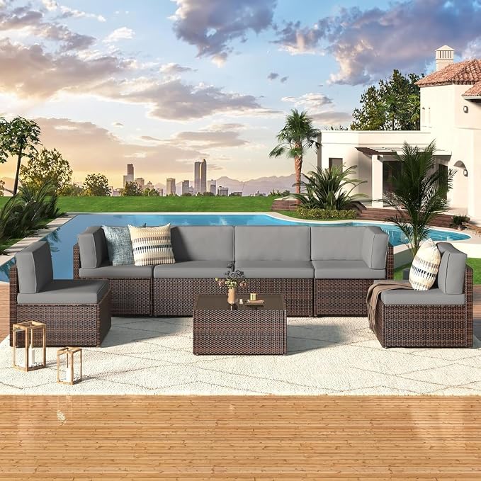 7-Piece PE Rattan Patio Furniture Set with Outdoor Wicker Sectional Sofa and Chairs with Tea Table for Backyard, Garden, Porch, or Deck Conversation Lounge(Gray)