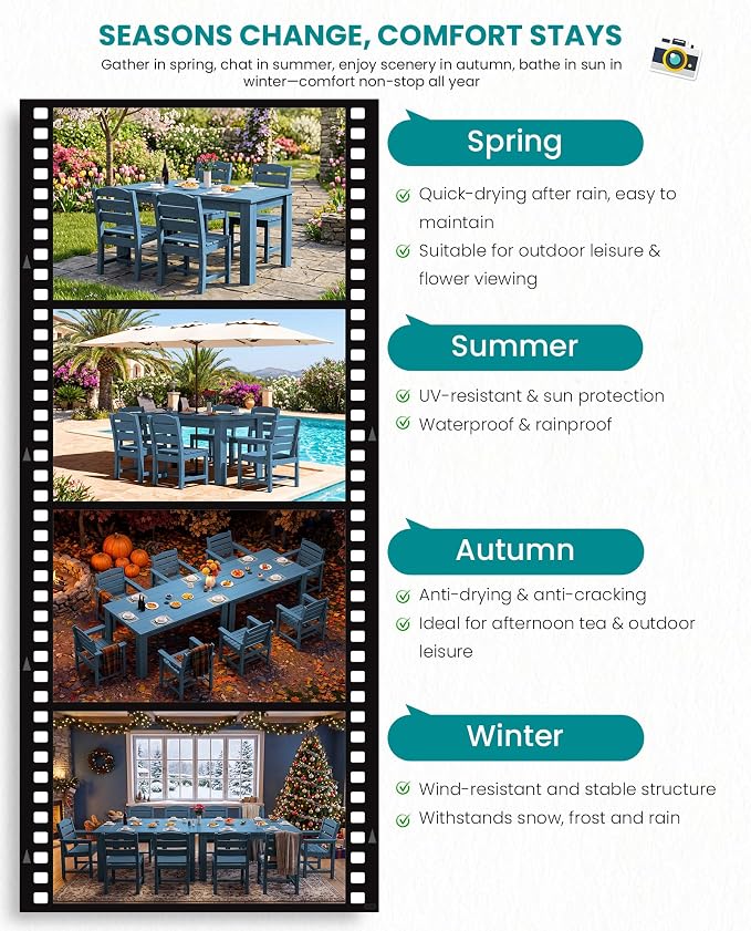 SERWALL 59" Outdoor Dining Set for 4, w/ 1 Table & 4 Armless Chairs, Blue | Armless Patio Dining Sets for All Weather Use