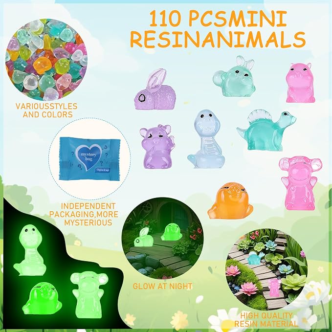 110 pcs Mini Resin Animals Blind Bags, Glow in The Dark Animal Resin Models, 50+ Animal Combination Sets for Adults, Miniature Animal for Fairy Garden, Dollhouse, DIY Craft Decor