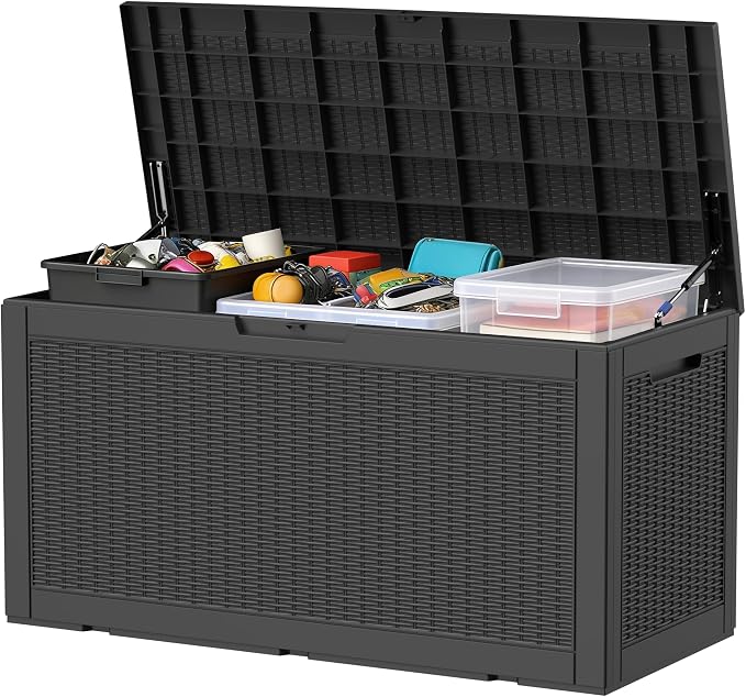 100 Gallon Resin Deck Box All Weather Outdoor Storage Box for Patio Furniture, Garden Tools, Lockable, Black