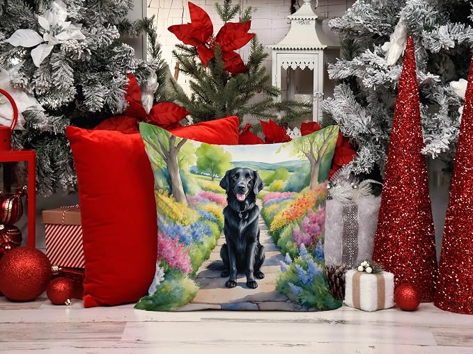 Caroline's Treasures Flat-Coated Retriever Spring Path Throw Pillow Machine Washable, Indoor Outdoor Decorative Pillow for Couch, Bed or Patio, 14Hx14W