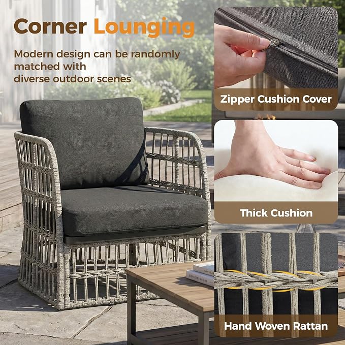 Outdoor Sectional Furniture Set, Patio Wicker Furniture Set, 4 Piece Rattan Patio Conversation Sets, Balcony Loveseat, Outdoor Sofa for Backyard, Garden, Outside, Lawn, Poolside, Grey