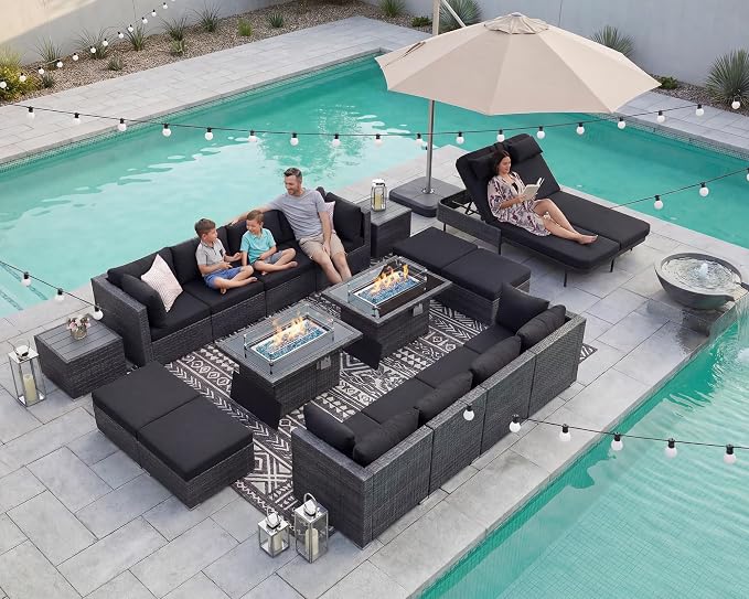 NICESOUL 18 Piece Outdoor Sectional with Fire Pit Table, 29.3'' High Back Extra Large Patio Furniture Set with Firepit & Chaise Lounge, 14-Person Outdoor Sofa Conversation Couch, Grey & Black
