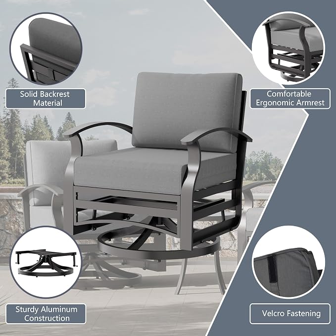 Aluminum Outdoor Patio Furniture Set,7 Seats Patio Conversation Sets with Rectangular Coffee Table,Metal Patio Sectional Furniture Set with 2 Swivel Rocking Chairs,Grey