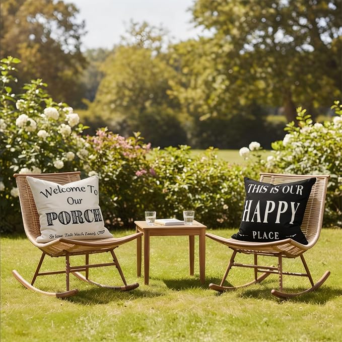 JOJOGOGO Welcome to Our Porch Outdoor Pillow Covers Waterproof 18x18 Set of 2, Decorative Farmhouse Outdoor Throw Pillows 18 x 18, Back Porch Decor Patio Furniture Pillows (This is Our Happy Place)