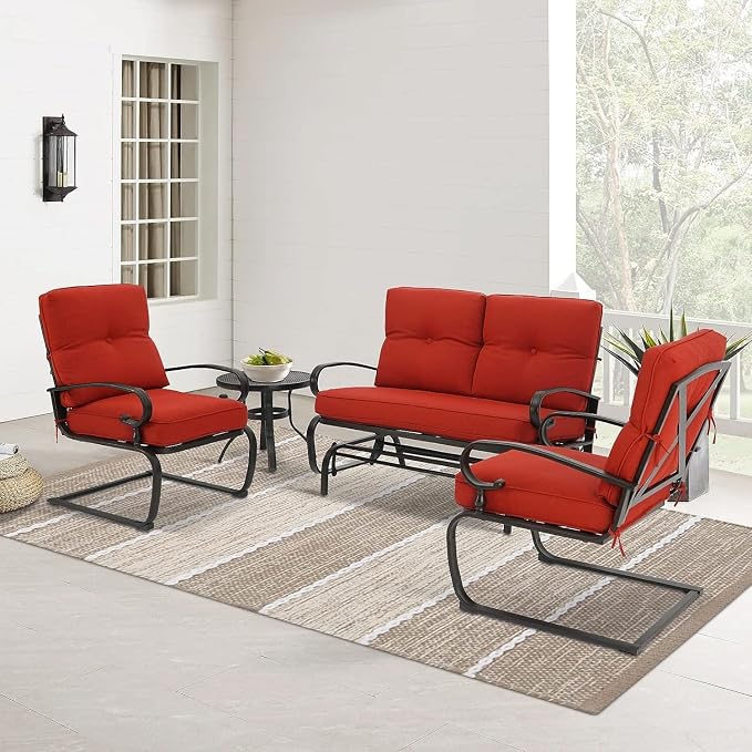4 Pieces Metal Outdoor Furniture Patio Conversation Set, Glider Chairs Set with Round Side Table, Spring Lounge Chair Sets Metal Frame Wrought Iron Look (Red)