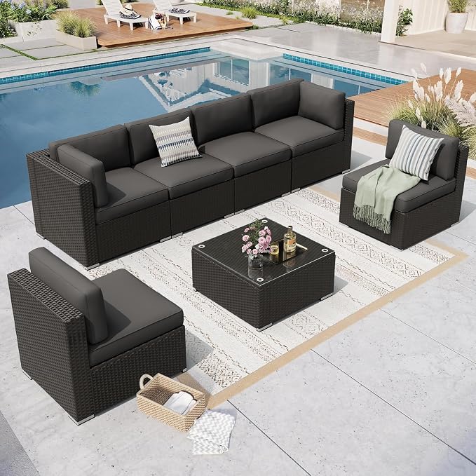 8 Pieces Outdoor Patio Furniture Set with Waterproof Cover, Black Brown Wicker Patio Sectional Sofa Set, Outdoor Couch with Cushion and Tempered Glass Table, Grey