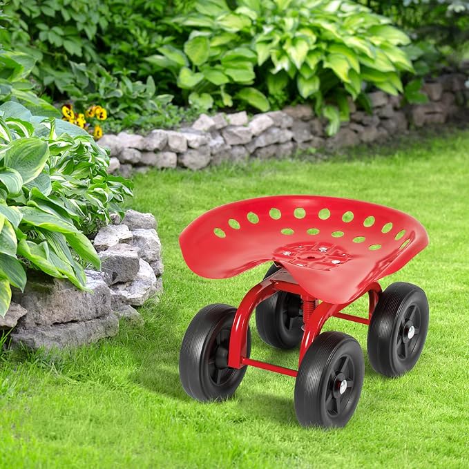 LDAILY Garden Seat with Wheels 11"-16" Adjustable Height for Lawn Planting | Rolling Garden Cart with Seat, 360° Rotatable Heavy-Duty Utility Stool Cart for Yard Work, Patio Gardening (Red)
