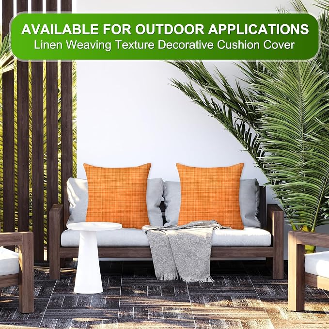 M METERXITY 2-Pack Outdoor Waterproof Throw Pillow Cover, 20x20 Inch Linen Weaving Texture Decorative Cushion Cover for Patio/Balcony/Garden, Water Resistant Pillow Case [Orange]