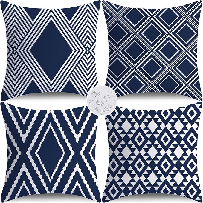 NIGHTWISH Outdoor Waterproof Pillow Covers 18x18 Set of 4 Navy Blue and White Modern Geometry Decorative Outdoor Throw Pillows Boho Cushion Cases for Patio Furniture Bench Couch Sunbrella
