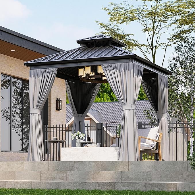 8x8FT Hardtop Gazebo, Metal Frame with Double Galvanized Steel Roof, Permanent Outdoor Pergola with Curtains and Netting Included for Backyard, Patio, Lawn and Garden, Gray