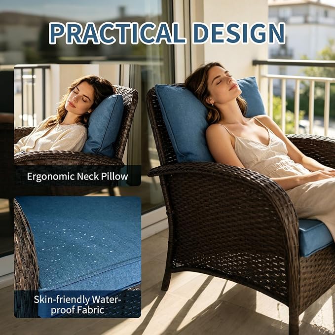 Outdoor Swivel Rocker Patio Chairs (Brown Wicker/Blue Cushion, 6PC/Sofa & Chair &Coffee Table & Ottomans)