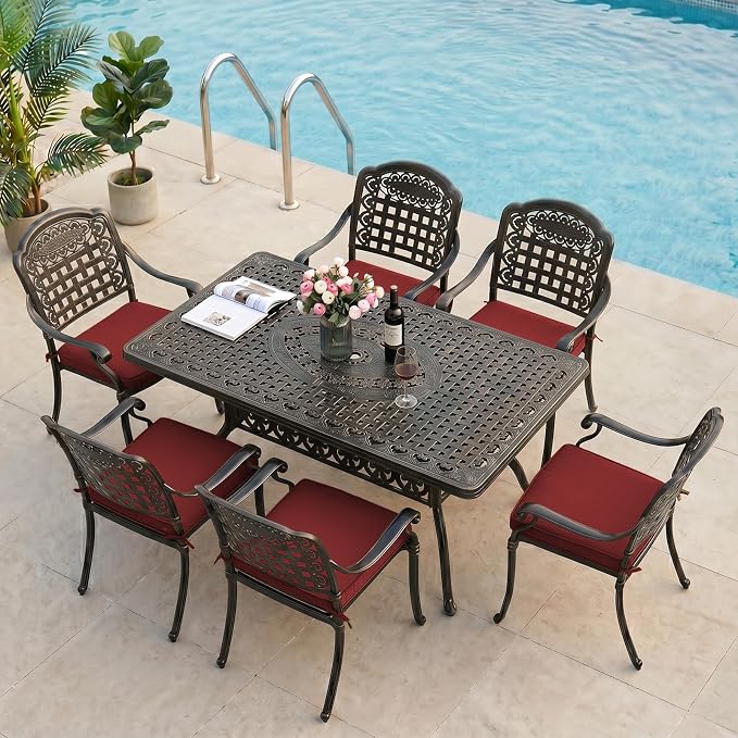 VIVIJASON 7-Piece Patio Furniture Dining Set, All-Weather Cast Aluminum Outdoor Conversation Set, Include 6 Cushioned Chairs and a Rectangle Table with Umbrella Hole for Balcony Backyard, Red Cushion