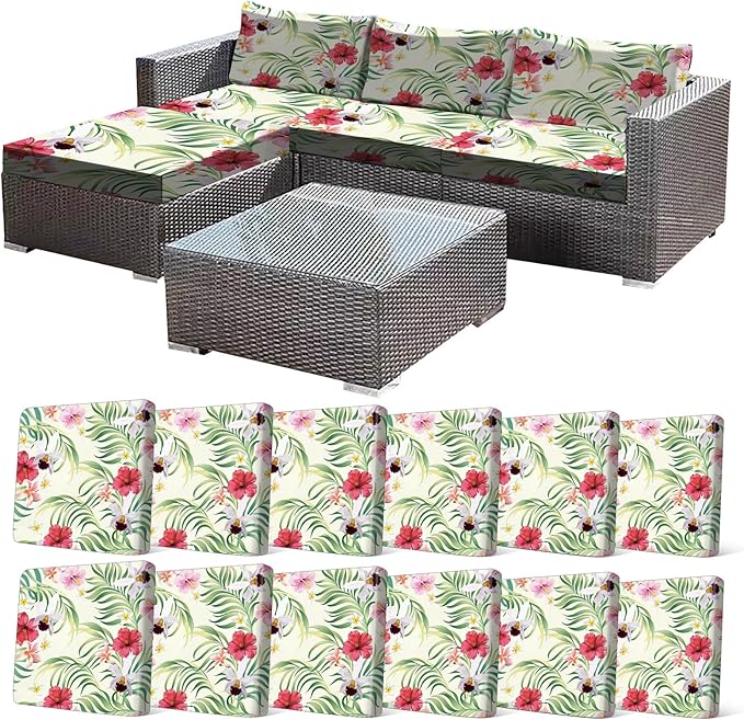 CALBODE 12 Pcs Stretch Outdoor Seat Cushion Covers, Washable Chair Seat Cover for Patio Furniture Cushions Soft Indoor and Outdoor Couch Cover Replacement (Tropical Floral, Beige,Cover Only)