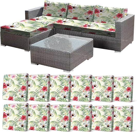 CALBODE 12 Pcs Stretch Outdoor Seat Cushion Covers, Washable Chair Seat Cover for Patio Furniture Cushions Soft Indoor and Outdoor Couch Cover Replacement (Tropical Floral, Beige,Cover Only)