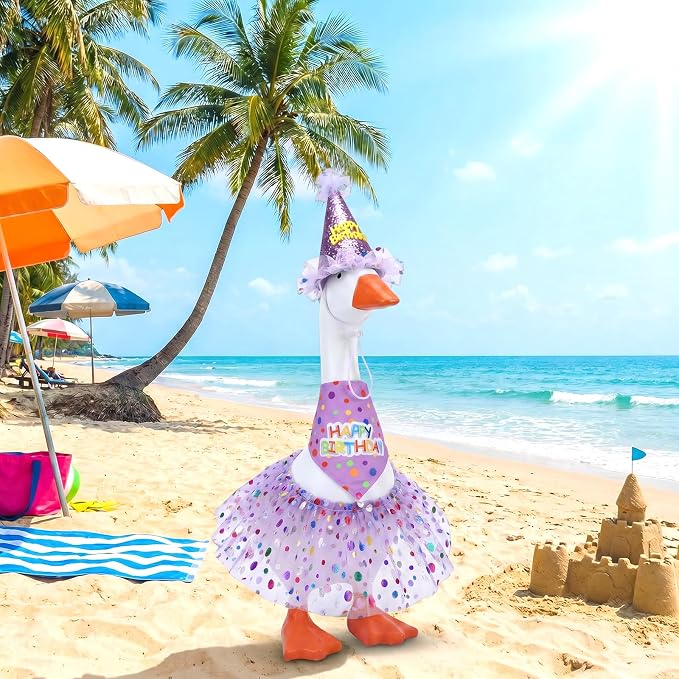 Porch Goose Outfits, Birthday Goose Outfits with Glitter Tutu Skirt, Birthday Hat and Bandana Valentine Porch Gooses Outfit for 23" 17" Outdoor Statue Patio Yard Lawn Art(Purple)