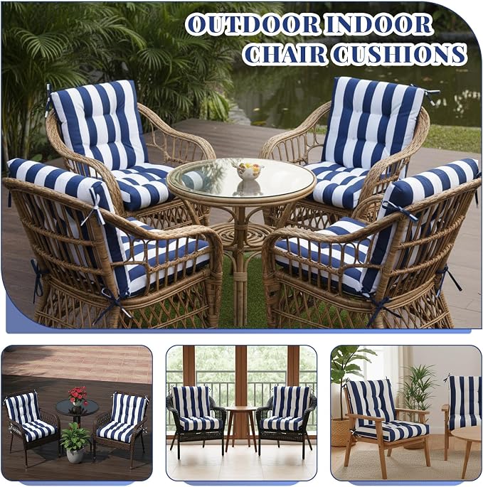 Marsui 4 Pcs Outdoor Indoor High Back Chair Cushions Patio Furniture Tufted Pillow with Ties Water-Resistant Replacement Outdoor Rocking Chair Cushions, 42 x 21 Inches (Blue White Stripes,Stripes)