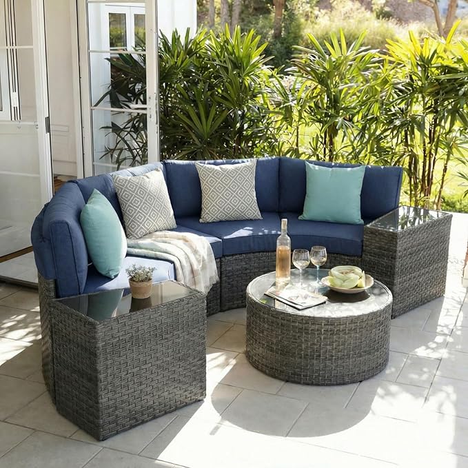SUNSITT Outdoor 7-Piece Half-Moon Sectional Furniture Set with Round Coffee Table, Patio Curved Sofa Set, Denim Blue Cushion and Grey Wicker, Incl. Waterproof Cover