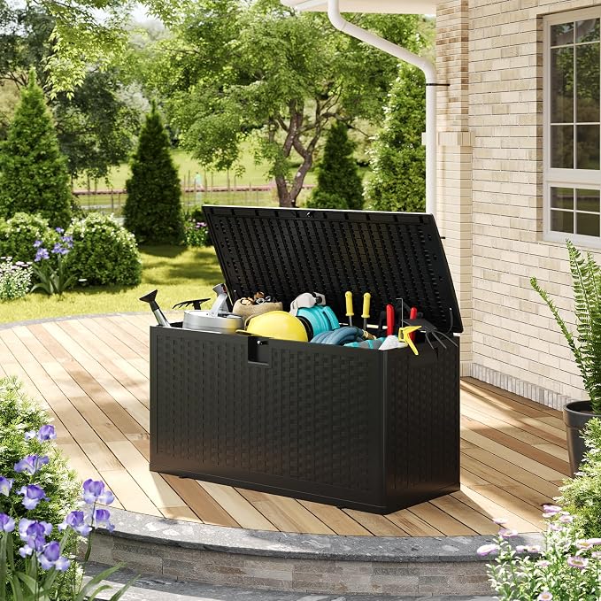 Patikuin Spacious 73 Gallon Outdoor Storage Deck Box – Waterproof, Lockable Resin Bench Organizer – Imitation Rattan for Patio Cushions, Garden, Pool, Package Delivery – Color: Black - 1 – Specs: