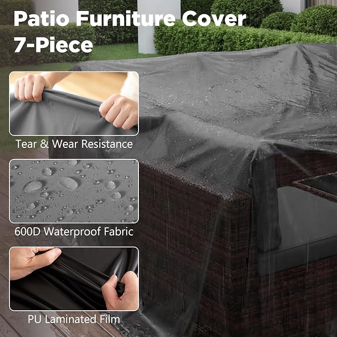 LHBcraft 7 Pieces Outdoor Wicker Rattan Patio Furniture with Rain Cover, Wicker Rattan Outdoor Sectional Sofa Set with Coffee Table & Gery Cushions for Garden, Poolside