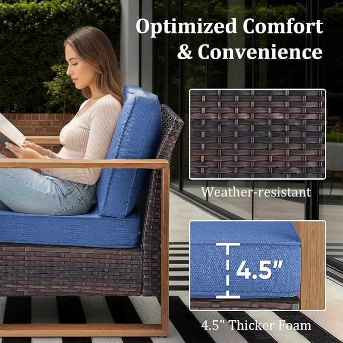 5PCS Swivel Patio Furniture Set, Outdoor Wicker Sofa and Swivel Rocker Chairs, All-Weather Conversation Set for Backyard, Deck and Poolside Blue