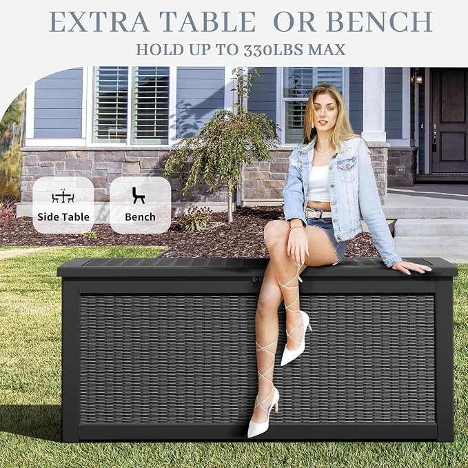 NUNU LAB Outdoor Storage Box, 320 Gallon Deck Box, Resin Waterproof Outside Storage Bench, Outdoor Storage Cabinet With Lockable Lid, Backyard Deck Box For Garden Tools, Patio Cushions, Black