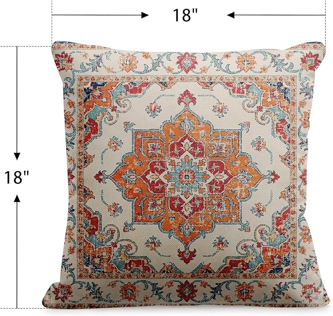 Throw Pillow Covers, Orange Boho Farmhouse, Set of 2, 18 x 18 Inch | Decorative waterproof square cushion case pillowcase for outdoor garden couch beach patio