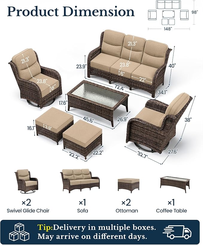 HILLGA Luxury High Back Patio Furniture Set with 6-Inch Thick Cushion, 6-Piece Outdoor Conversation Set with Sofa, Swivel Rocker Chairs & Ottomans, Ideal for Porch Pool Deck Yard (Beige)