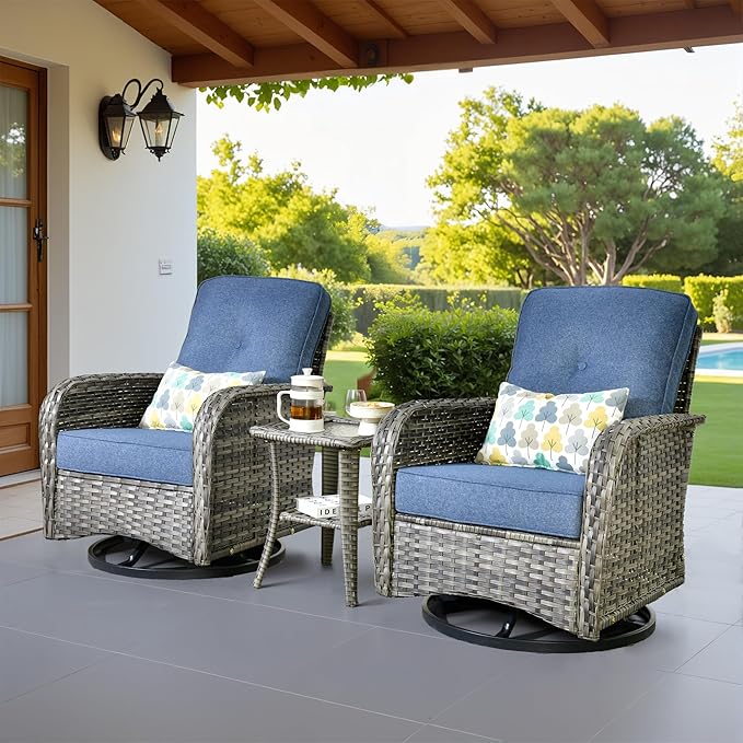 6 Piece Patio Swivel Rocker Chairs Set with Side Table, Denim Blue | High Back Deep Seating, All Weather Wicker, Outdoor Glider Chair Set, Porch Deck Backyard Balcony Furniture