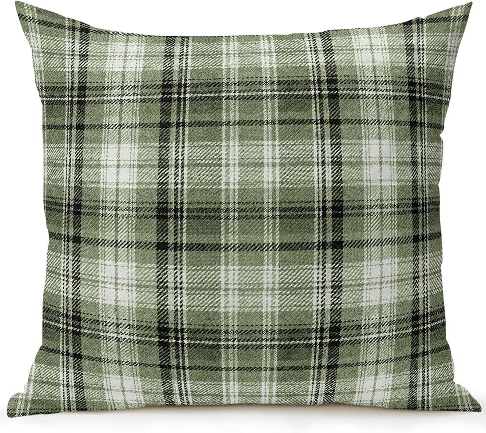 Waterproof Outdoor Pillow 1 Pack Green Checked Plaid Decorative Throw Pillows Cover & Insert 16x16 Inch Pillowcase Stripes Woven Grid Square Pillows for Couch Sofa Bed Patio Furniture Indoor Outdoor