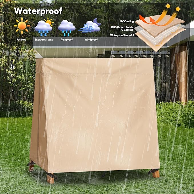 Outdoor Swing Covers for A Frame Patio Swing, 72" L x 55" D x 67" H, A-Frame Swing Cover Waterproof, Porch Patio Swing Canopy Cover, Windproof UV Resistant All Weather Protector - Beige