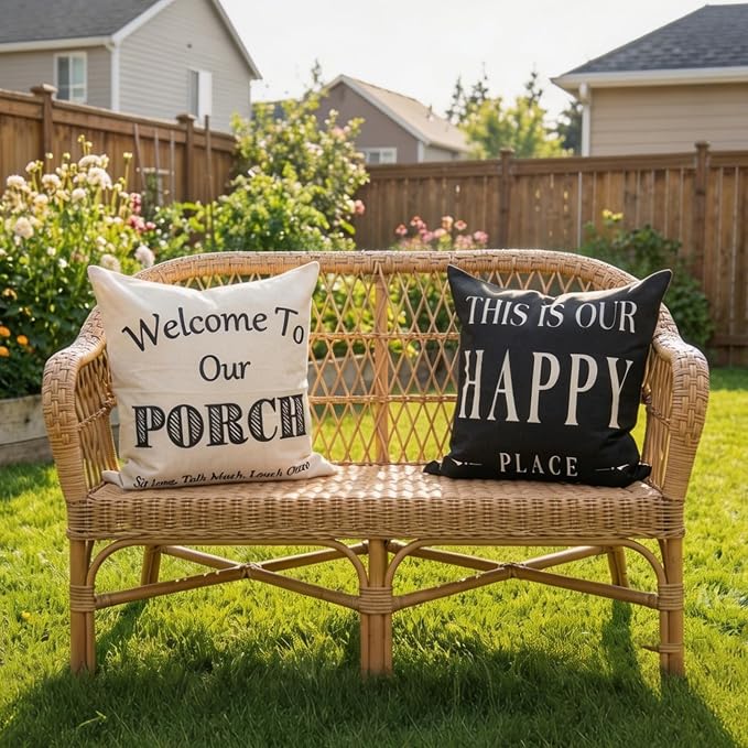 Black and White Welcome to Our Porch Outdoor Pillow Covers Waterproof 18x18 Set of 2, Decorative Farmhouse Outdoor Throw Pillows 18 x 18, Back Porch Decor Patio Furniture Pillows (Without Inserts)