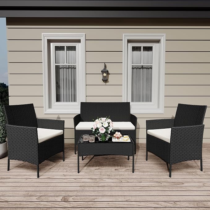 GarveeTech 4 Pieces Patio Furniture Set, Rattan Patio Conversation Set with Coffee Table, Outdoor Furniture Set for Garden, Porch, Lawn & Balcony（Black & Beige）