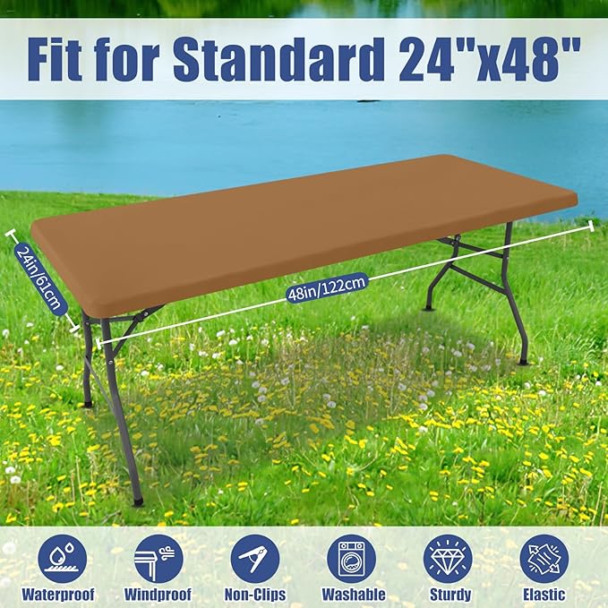 Moosfor Spandex 4 Foot Rectangle Table Cloth 2 Pack, Elastic Fitted Tablecloths for Picnic, Stretch Washable Patio Table Cover for Outdoor, Camping, Banquet and Parties (Brown, 24"x48")