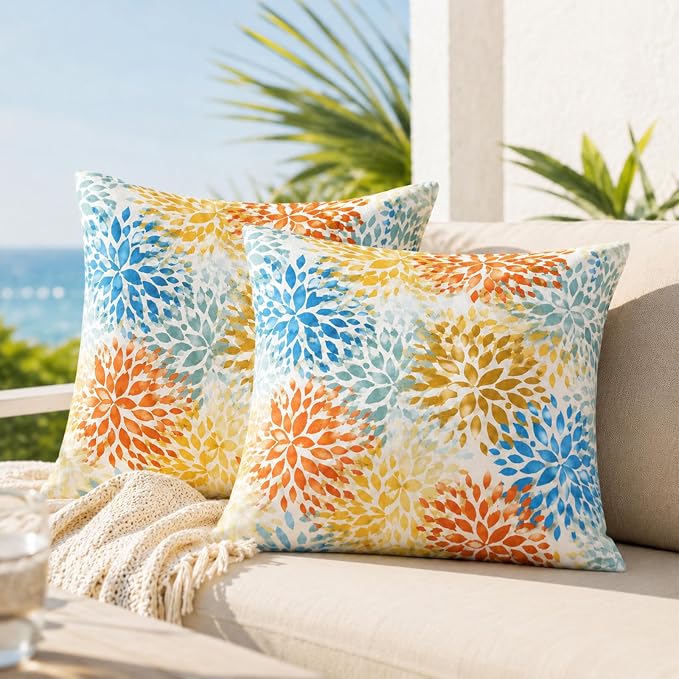 2pcs Outdoor Decor Pillows, Insert and Cover, Waterproof & Fade-Resistant Patio Couch Cushions for Garden, Porch, Poolside Sofa (Fireworks, 18x18in)