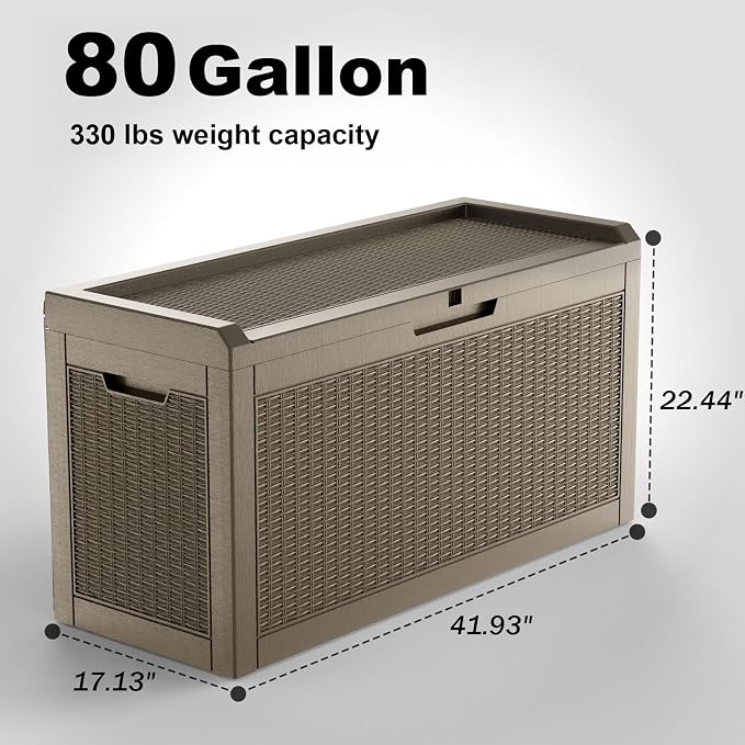 ROJIK Outdoor Storage Box, 80 Gallon Waterproof Deck Box, Weatherproof Resin Outside Storage Bin for Patio Furniture, Garden Tools, Pool Accessories, Cushion, Grey
