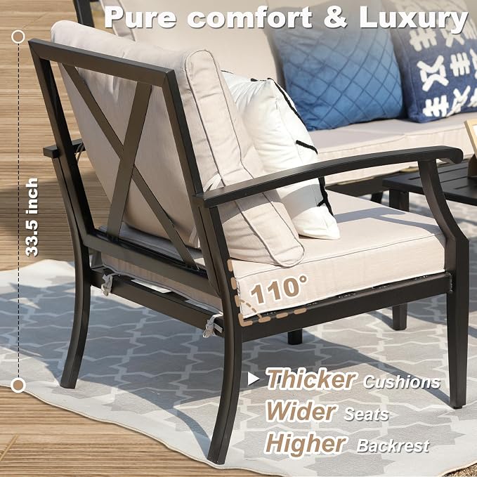 4-Piece Patio Furniture Set, Wider Outdoor Metal Seating Sofa with High Back & Loveseat, Coffee Table, All Weather Metal Conversation Set for Backyard, Poolside, Deck-Beige