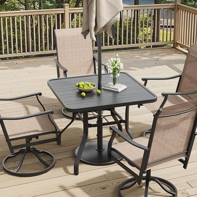 Soohow Patio Dining Set for 4, 5 Piece Outdoor Table and Chairs Set, 4 x Swivel Patio Chairs with Textilene Fabric and 35"x35" Outdoor Dining Table with 1.57" Umbrella Hole for Poolside, Backyard