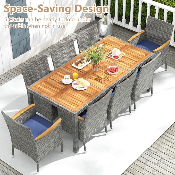 HAPPYGRILL 9 Pieces Patio Dining Set for 8, Outdoor Acacia Wood Table and Rattan Chairs with 2" Umbrella Hole, Cushions, Wicker Outdoor Dining Furniture Set for Backyard, Garden, Deck (Navy)