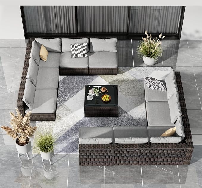 11 Piece Patio Furniture Set All Weather PE Rattan Outdoor Sectional Sofa Couch with No-Slip Cushions and Glass Top Table for Garden, Poolside, Backyard (Gray)
