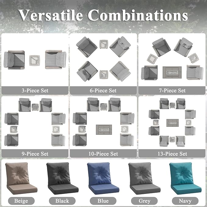 3 Piece Patio Furniture Set with Swivel Rocking Chairs, Outdoor Wicker Conversation Set with 4" Cushions, Glass Side Table, PE Rattan and Rust-Resistant Frame, Grey
